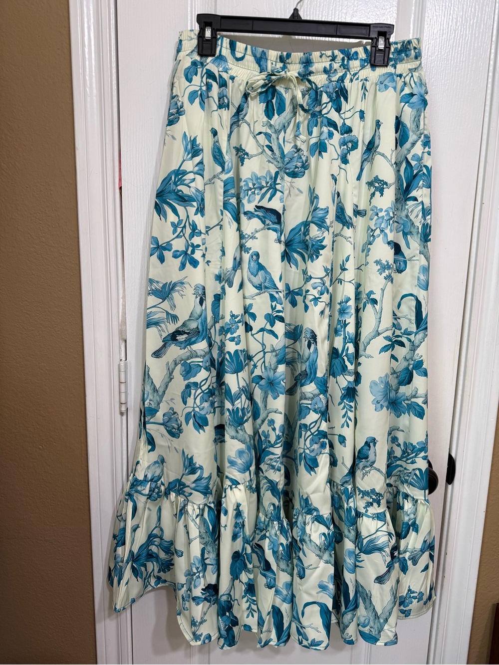 H245 NWT A Rare Bird OS Set Teal Blue Boho Velvet Top Floral Bird Wide Leg Pants - Picture 3 of 16